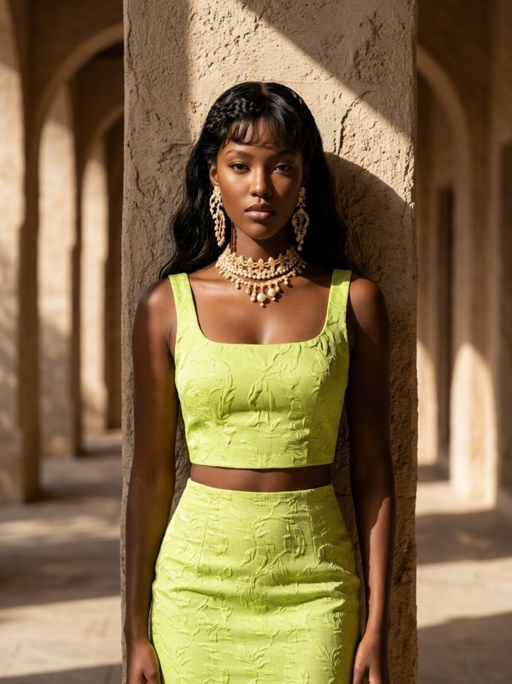 Square-Neck Textured Crop Top in Lime